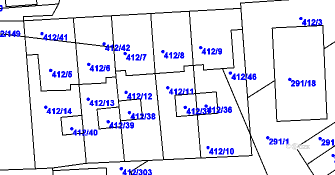 Parcela st. 412/11 v KÚ Račetice, Katastrální mapa