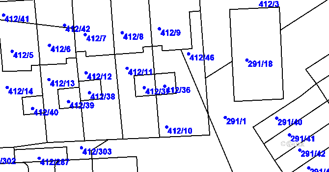 Parcela st. 412/36 v KÚ Račetice, Katastrální mapa
