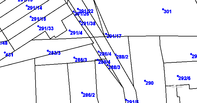 Parcela st. 286/4 v KÚ Račetice, Katastrální mapa
