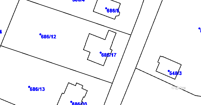 Parcela st. 686/17 v KÚ Prstná, Katastrální mapa