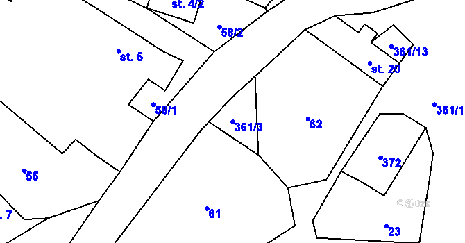 Parcela st. 361/3 v KÚ Radimovice u Velkých Popovic, Katastrální mapa