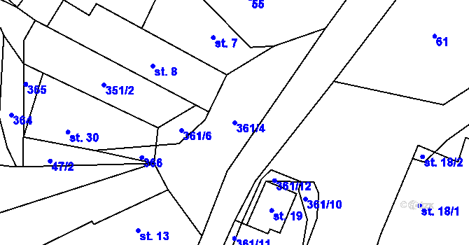 Parcela st. 361/4 v KÚ Radimovice u Velkých Popovic, Katastrální mapa