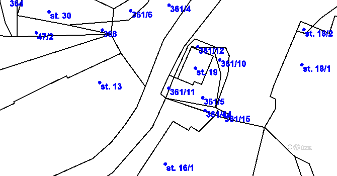 Parcela st. 361/11 v KÚ Radimovice u Velkých Popovic, Katastrální mapa