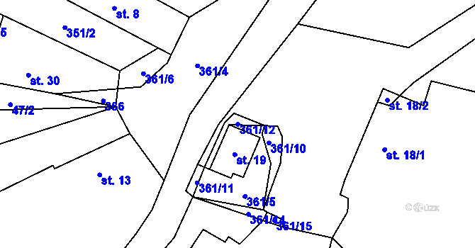 Parcela st. 361/12 v KÚ Radimovice u Velkých Popovic, Katastrální mapa