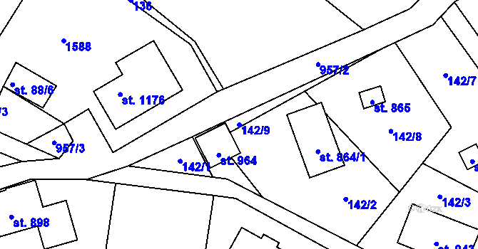 Parcela st. 142/9 v KÚ Pchery, Katastrální mapa