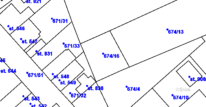 Parcela st. 674/16 v KÚ Pchery, Katastrální mapa