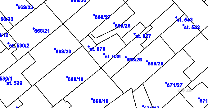 Parcela st. 939 v KÚ Pchery, Katastrální mapa