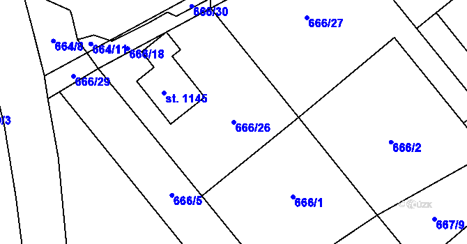Parcela st. 666/26 v KÚ Pchery, Katastrální mapa
