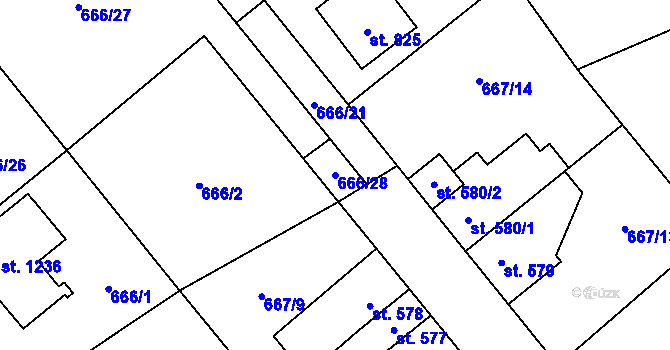 Parcela st. 666/28 v KÚ Pchery, Katastrální mapa