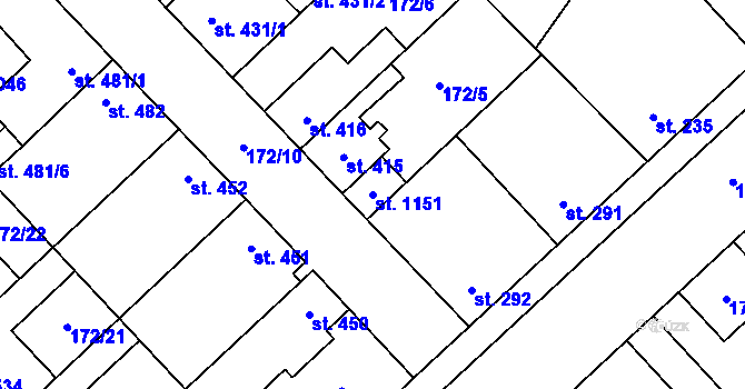 Parcela st. 1151 v KÚ Pchery, Katastrální mapa