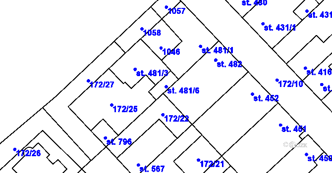 Parcela st. 481/6 v KÚ Pchery, Katastrální mapa