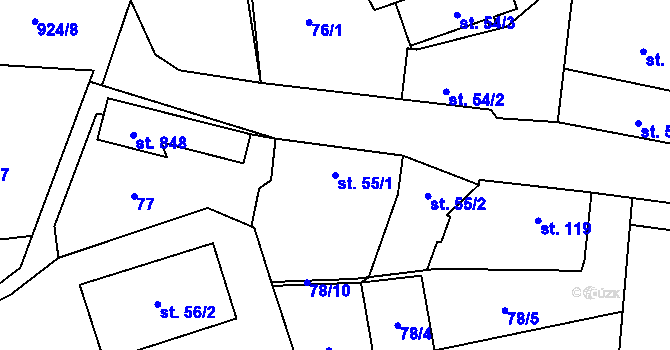 Parcela st. 55/1 v KÚ Pchery, Katastrální mapa