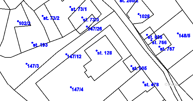 Parcela st. 128 v KÚ Pchery, Katastrální mapa