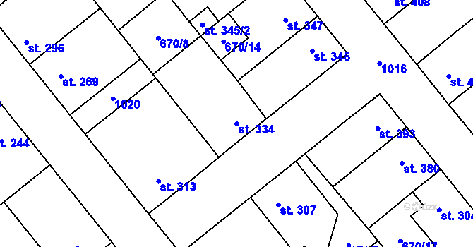 Parcela st. 334 v KÚ Pchery, Katastrální mapa