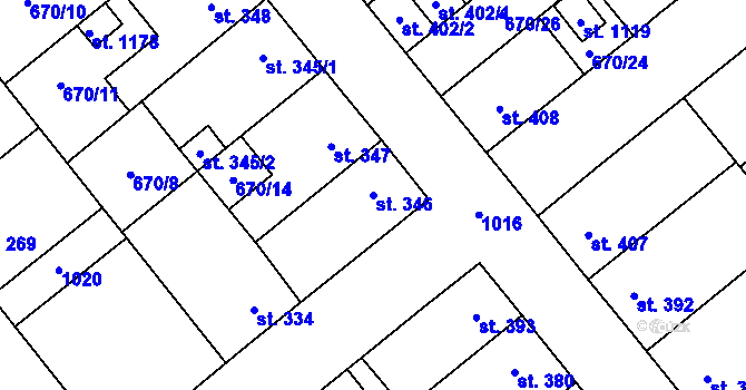 Parcela st. 346 v KÚ Pchery, Katastrální mapa