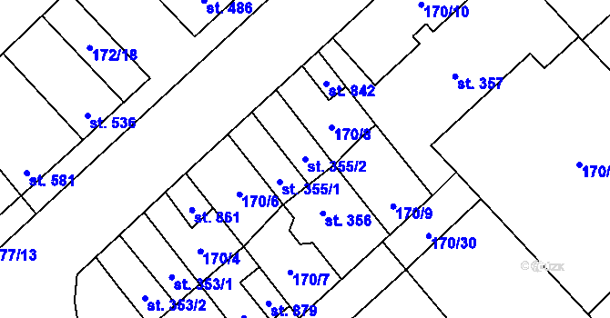 Parcela st. 355/2 v KÚ Pchery, Katastrální mapa