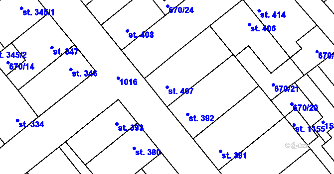 Parcela st. 407 v KÚ Pchery, Katastrální mapa
