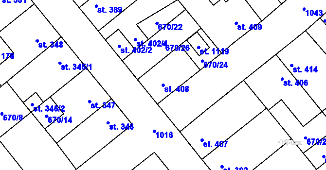 Parcela st. 408 v KÚ Pchery, Katastrální mapa