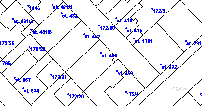 Parcela st. 451 v KÚ Pchery, Katastrální mapa