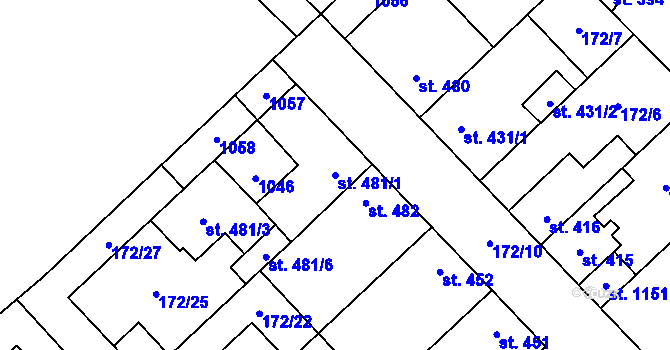 Parcela st. 481/1 v KÚ Pchery, Katastrální mapa