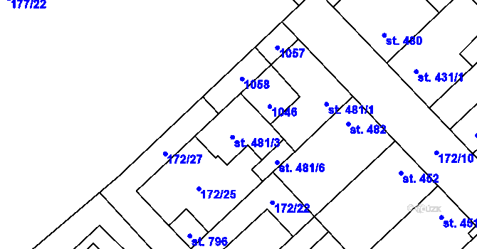 Parcela st. 481/3 v KÚ Pchery, Katastrální mapa