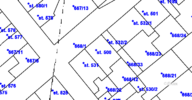 Parcela st. 500 v KÚ Pchery, Katastrální mapa