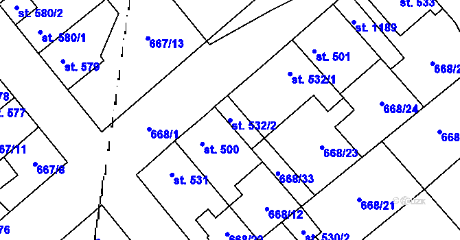 Parcela st. 532/2 v KÚ Pchery, Katastrální mapa