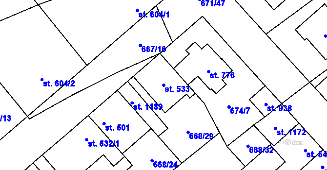Parcela st. 533 v KÚ Pchery, Katastrální mapa