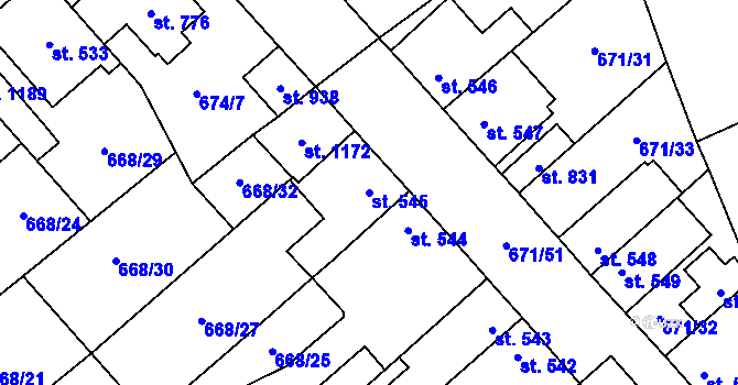 Parcela st. 545 v KÚ Pchery, Katastrální mapa