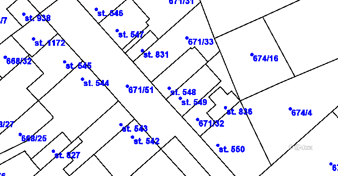 Parcela st. 548 v KÚ Pchery, Katastrální mapa