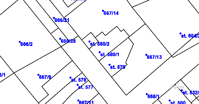 Parcela st. 580/1 v KÚ Pchery, Katastrální mapa