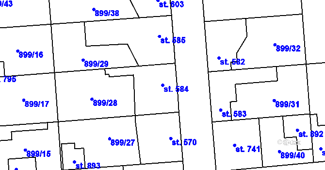 Parcela st. 584 v KÚ Pchery, Katastrální mapa