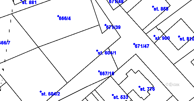 Parcela st. 604/1 v KÚ Pchery, Katastrální mapa