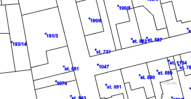 Parcela st. 727 v KÚ Pchery, Katastrální mapa