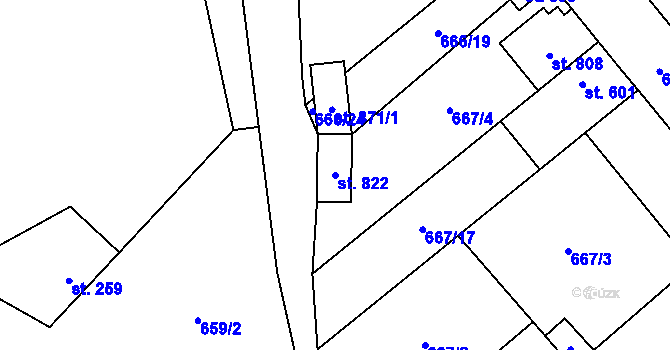 Parcela st. 822 v KÚ Pchery, Katastrální mapa