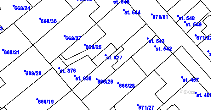 Parcela st. 827 v KÚ Pchery, Katastrální mapa