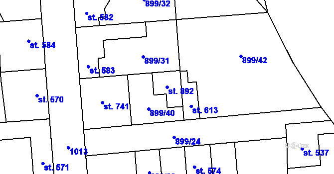 Parcela st. 892 v KÚ Pchery, Katastrální mapa