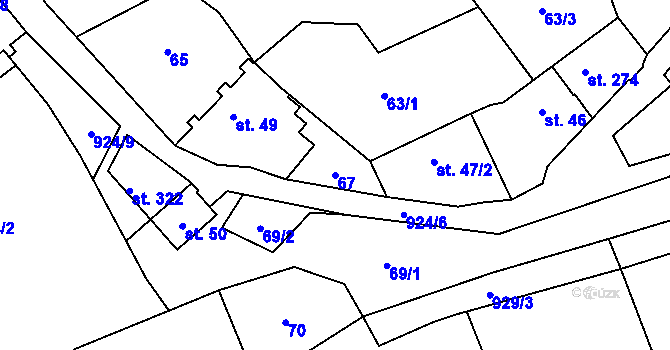 Parcela st. 67 v KÚ Pchery, Katastrální mapa