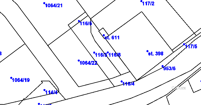 Parcela st. 116 v KÚ Pchery, Katastrální mapa