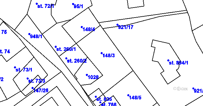 Parcela st. 148/3 v KÚ Pchery, Katastrální mapa