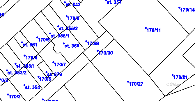 Parcela st. 170/30 v KÚ Pchery, Katastrální mapa