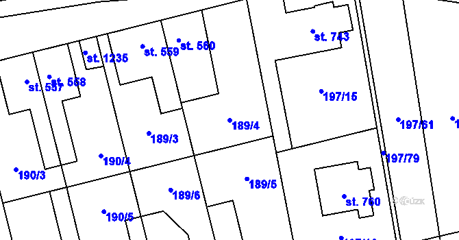 Parcela st. 189/4 v KÚ Pchery, Katastrální mapa