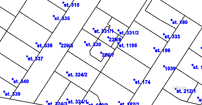 Parcela st. 229/7 v KÚ Pchery, Katastrální mapa