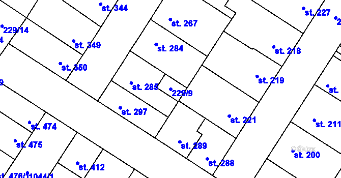 Parcela st. 229/9 v KÚ Pchery, Katastrální mapa