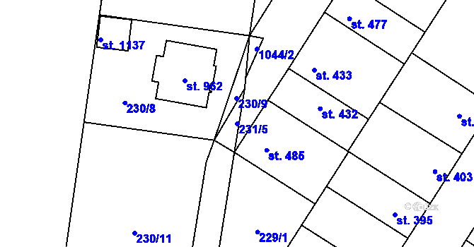Parcela st. 231/5 v KÚ Pchery, Katastrální mapa