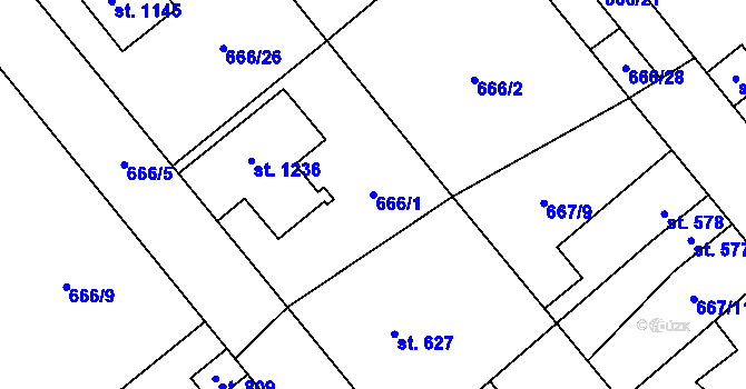 Parcela st. 666/1 v KÚ Pchery, Katastrální mapa