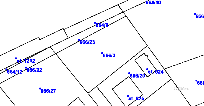Parcela st. 666/3 v KÚ Pchery, Katastrální mapa