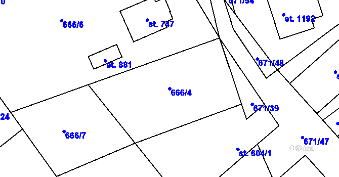Parcela st. 666/4 v KÚ Pchery, Katastrální mapa
