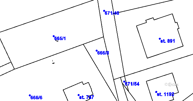 Parcela st. 666/8 v KÚ Pchery, Katastrální mapa