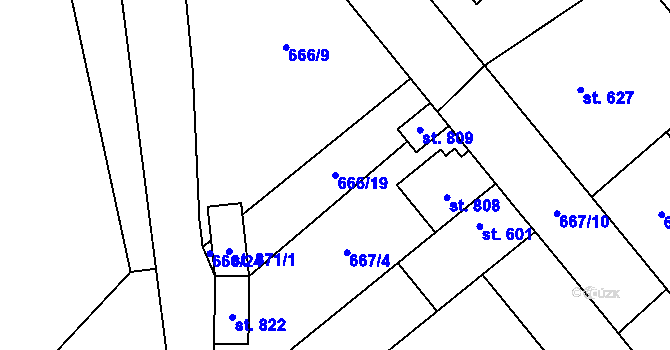 Parcela st. 666/19 v KÚ Pchery, Katastrální mapa